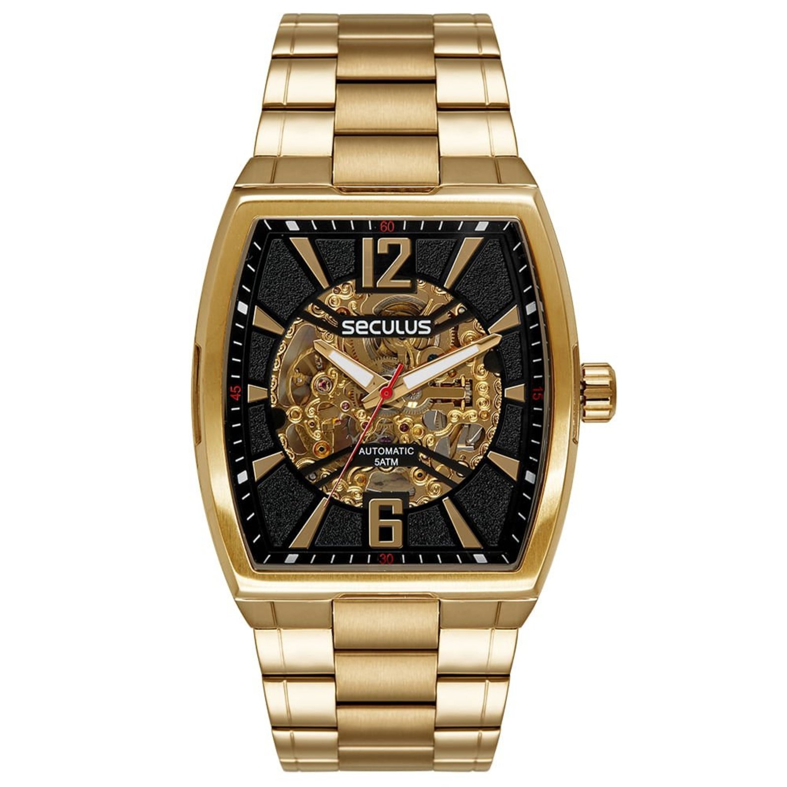 Relógio Masculino Automático Aço Vidro Abaulado Dourado Seculus
