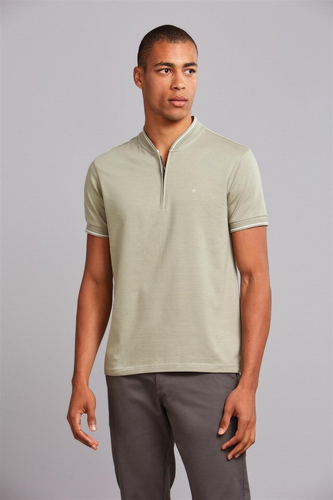 HIGHSTIL Polo Manga Curta com Zíper Básica Malha Slim Fit - Verde