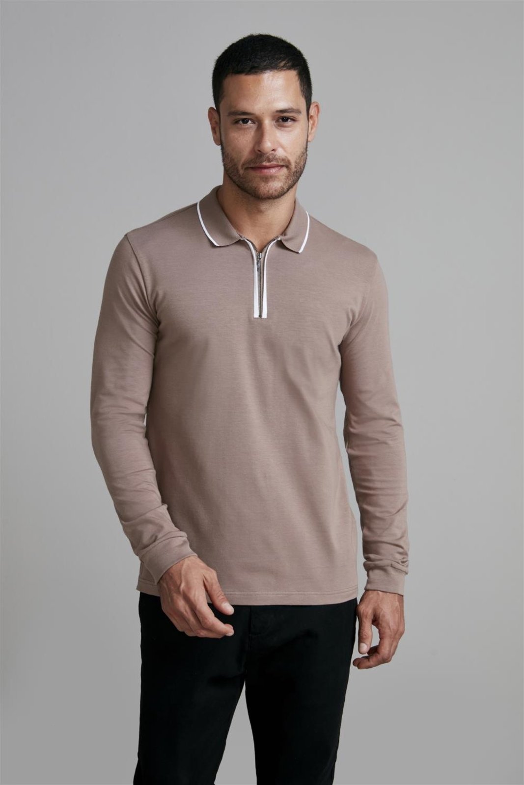 HIGHSTIL Camisa Polo Manga Longa com Zíper Malha Slim Fit - Marrom Castanha