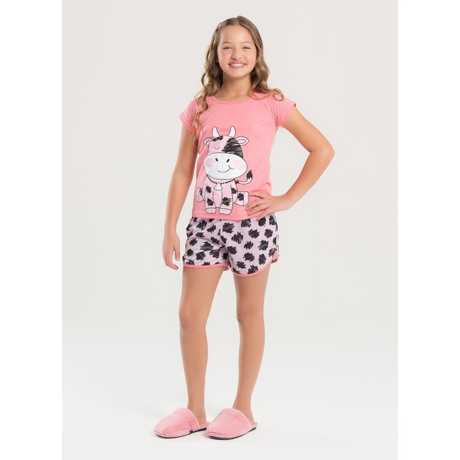 Pijama Verão Menina Rosa Blusa e Shorts Vaquinha