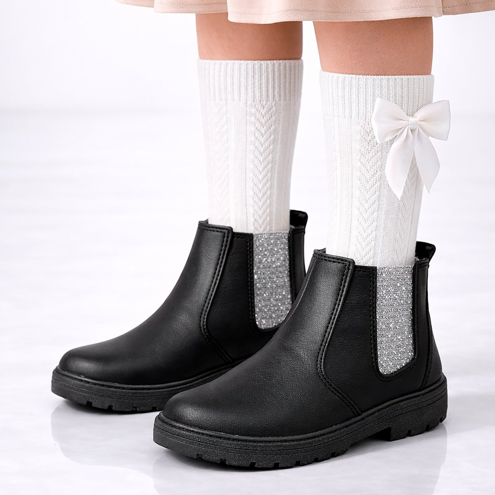 Infantil - Kit Bota Menina e Meia Cano Alto Quentinha Botinha Feminina Preto Glitter Pepite