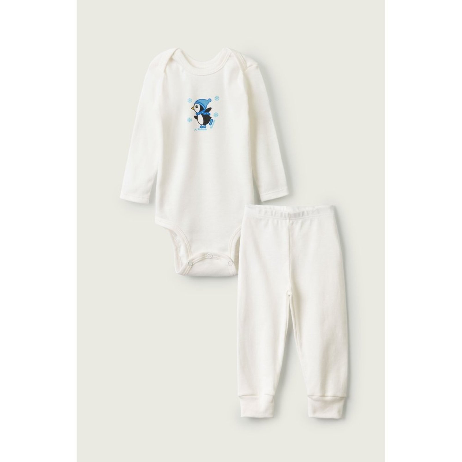 Infantil - Conjunto Body Longo e Calça do Papai Off White Pinguim Patins