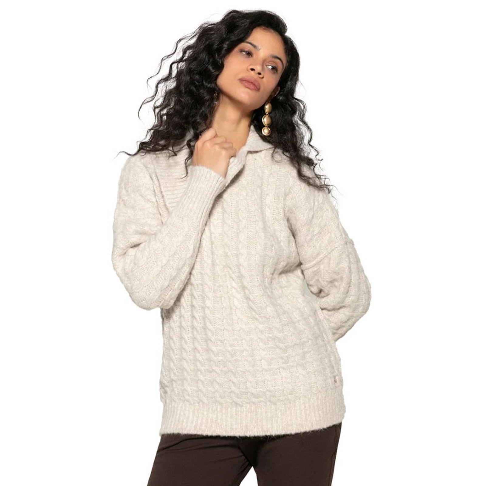Blusa Feminina Biamar Tricot Gola Assimétrica Bege Claro