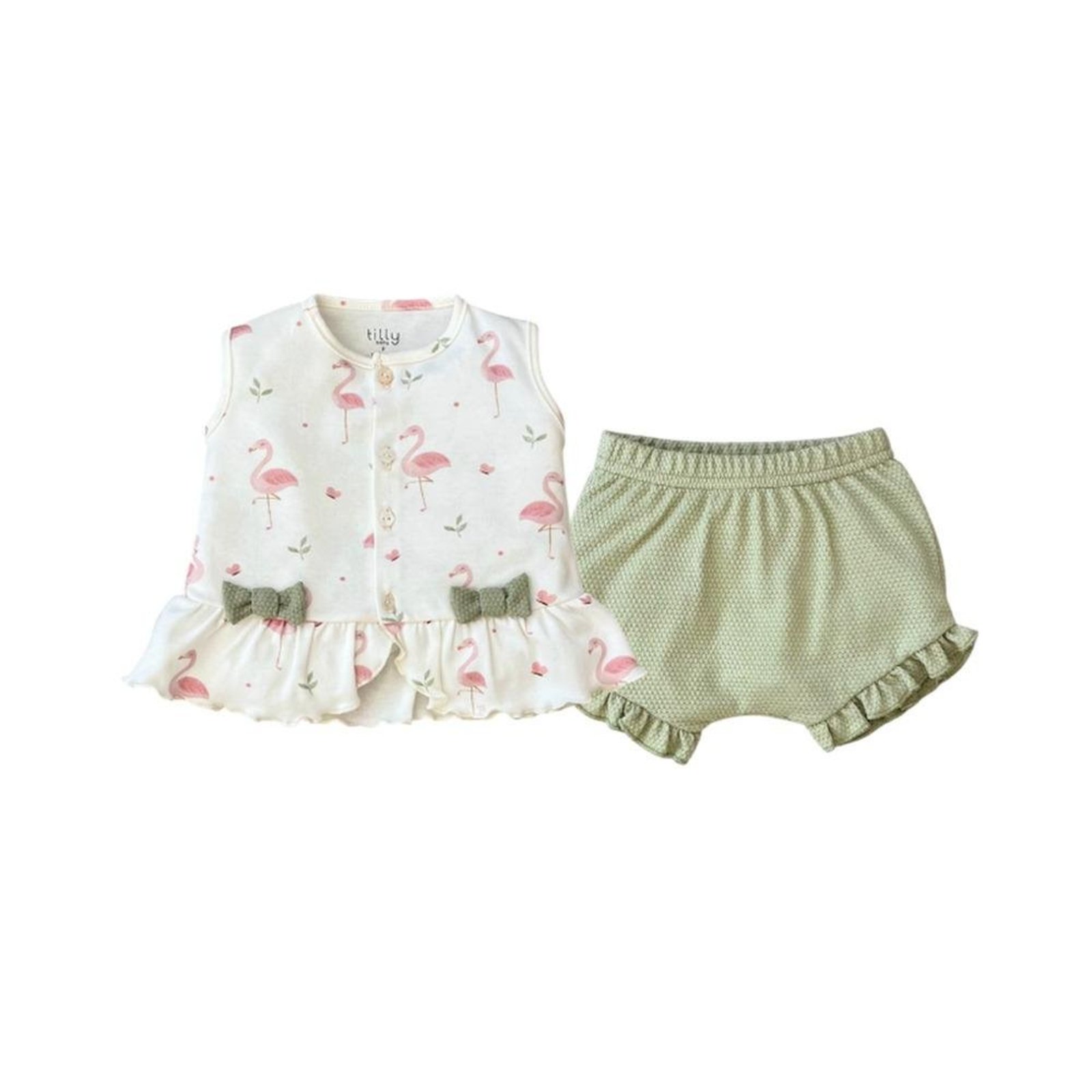 Infantil - Conjunto Blusa Flamingo Shorts Tilly Baby Branco Lacinho Babado Verde G Verde
