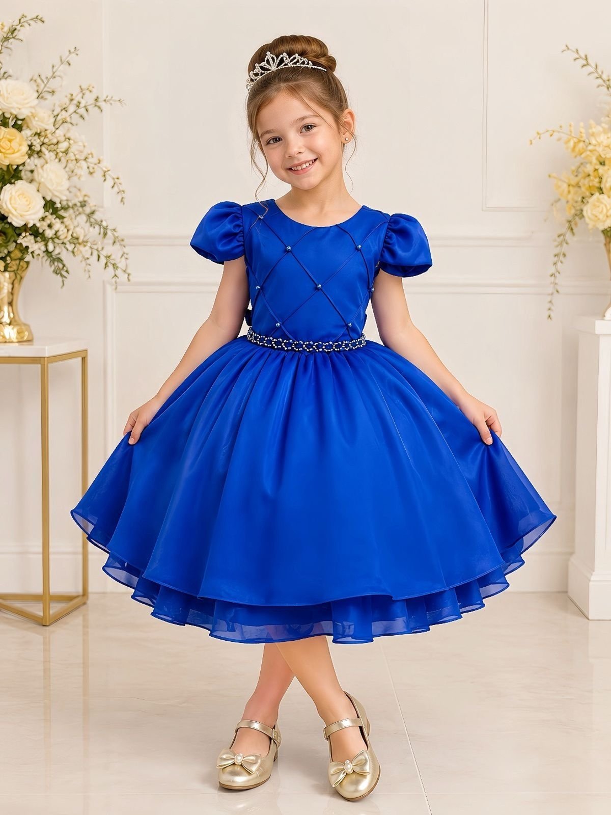 Infantil - Vestido Menina Juvenil Festa Azul Cobalto Royal Pérolas Formatura Casamento Juvenil Princesa Social Rodado Florista Dama Daminha Aniversário Luxo
