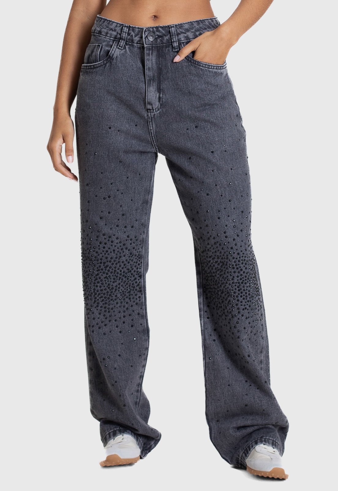 Calça Jeans Sawary Wide Leg Aplicação Cinza Escuro