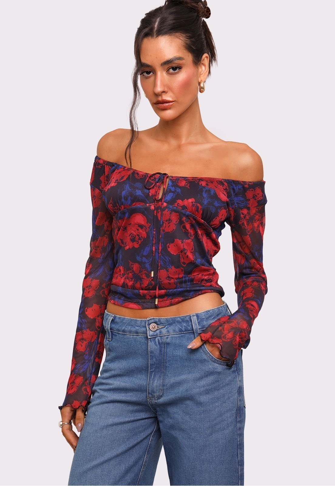 blusa em tule rosário Preto Floral