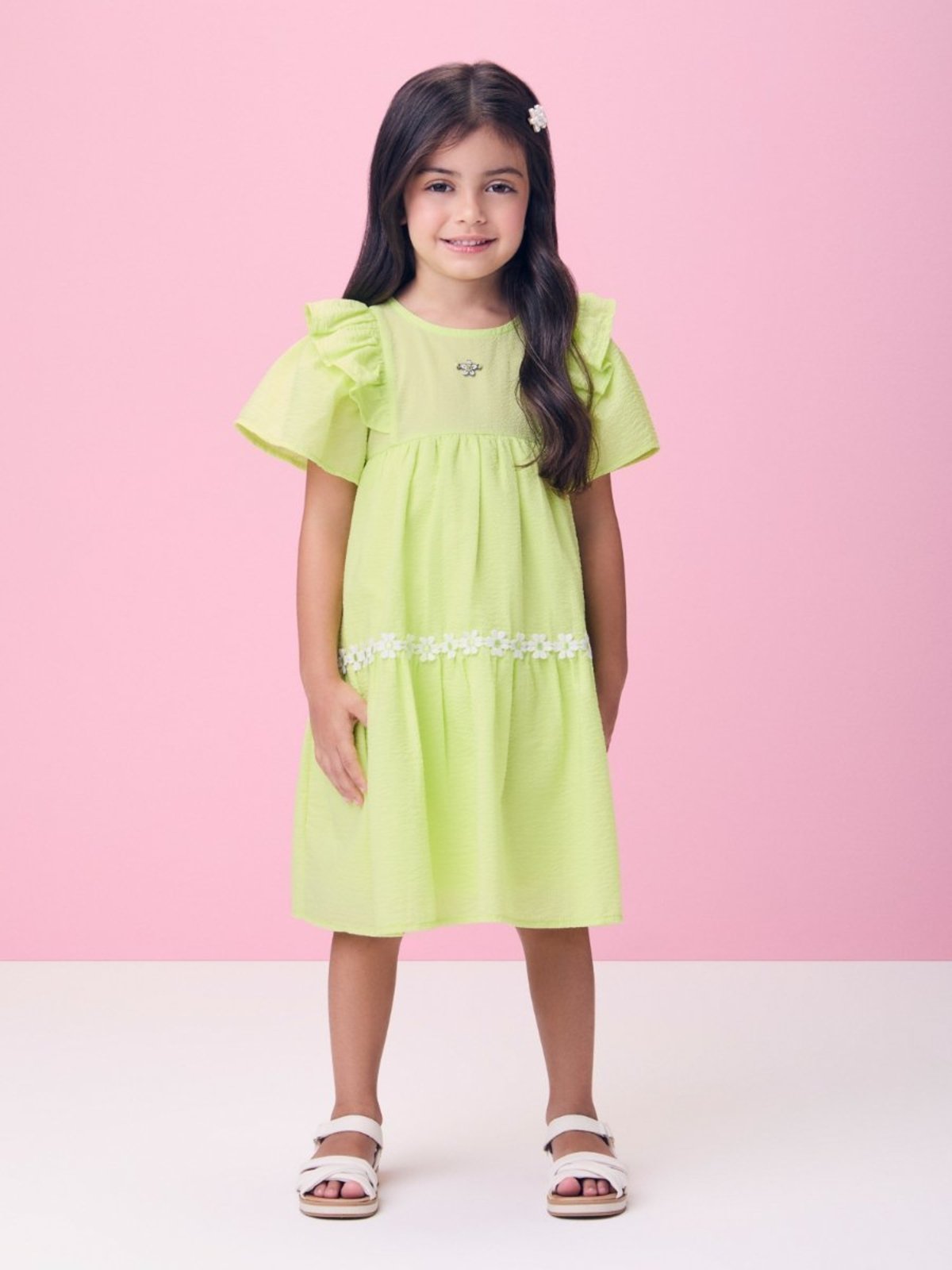 Infantil - Vestido Anarrugado Verde de Florzinhas