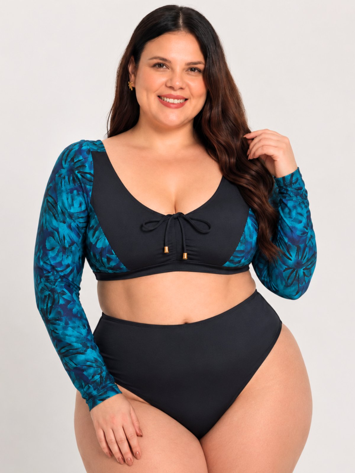 Cropped Plus Size Manga Longa Avulso E Bojo Meia Taça Praia Estampado Azul