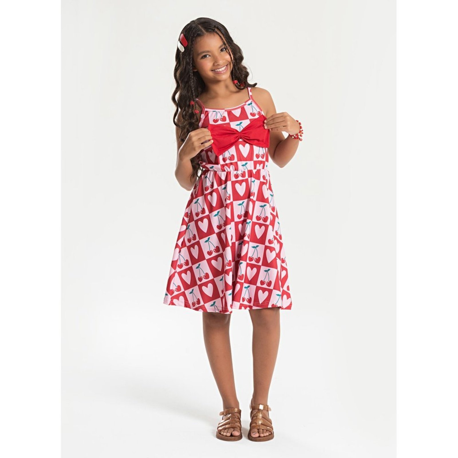 Infantil – Vestido Alcinha Verão Menina Vermelho Cerejas com Laço