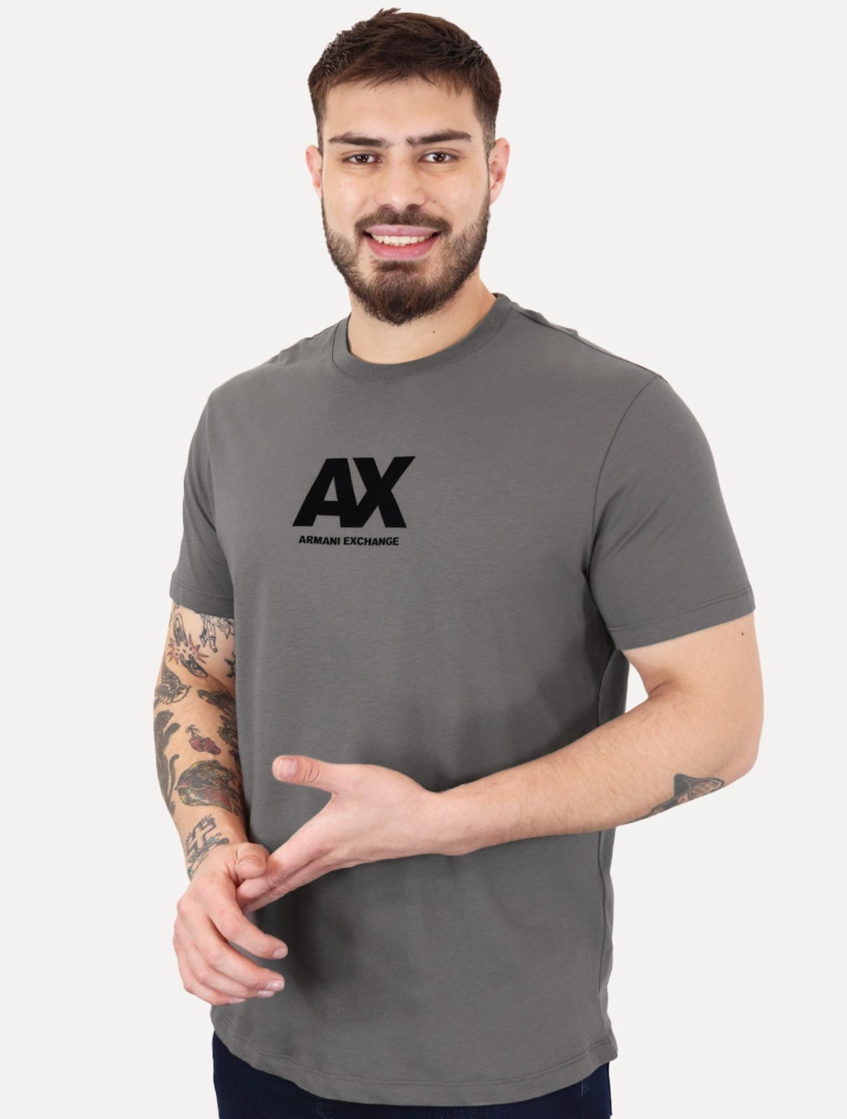 Camiseta Armani Exchange Masculina Regular AX Frontal Dark Logo Cinza Escuro