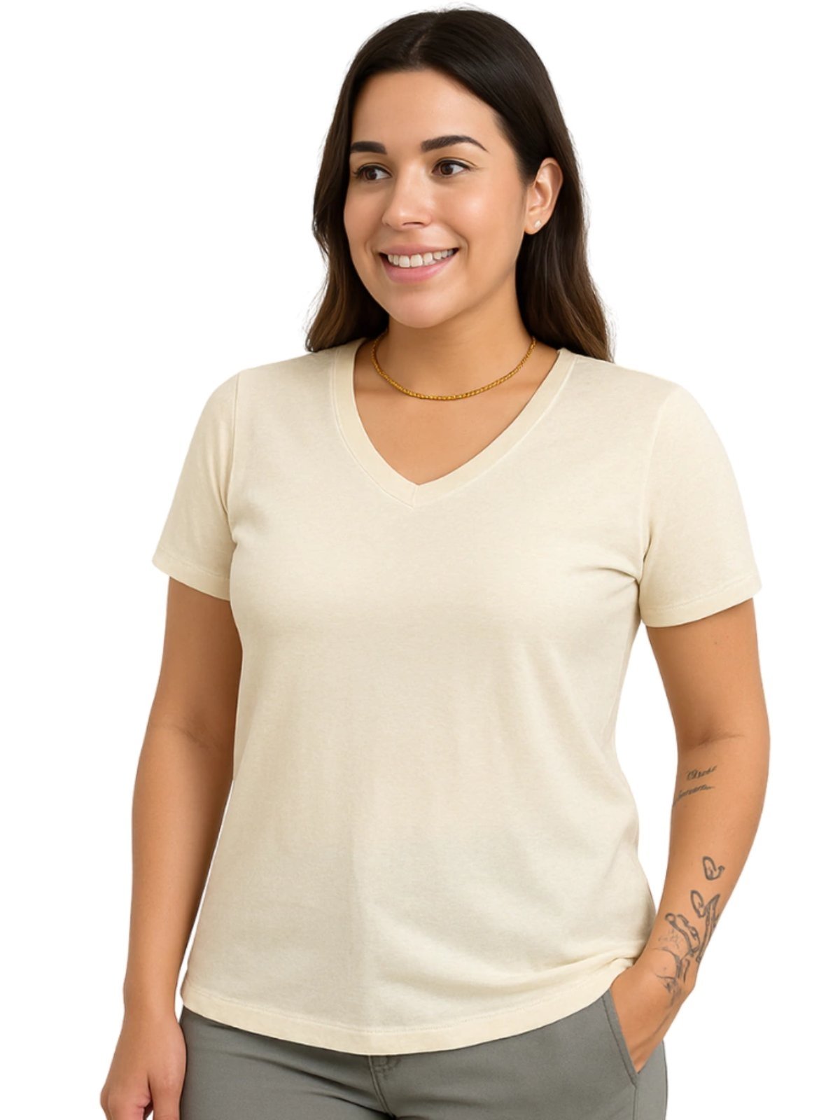 Camiseta Blusa Academia Fitness Feminina Camisa Lisa Basica Slim Gola V off white