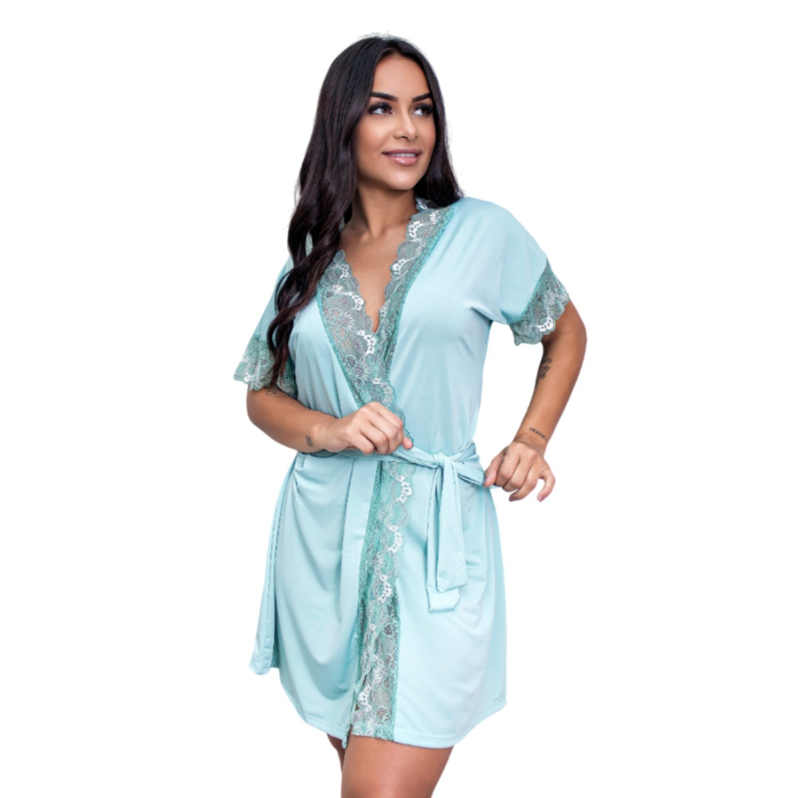 Robe de Luxo Microfibra Com Renda Hobby Roupão Roupa de Dormir com Cinto Lingerie Sexy para Noite Especial – VERDE
