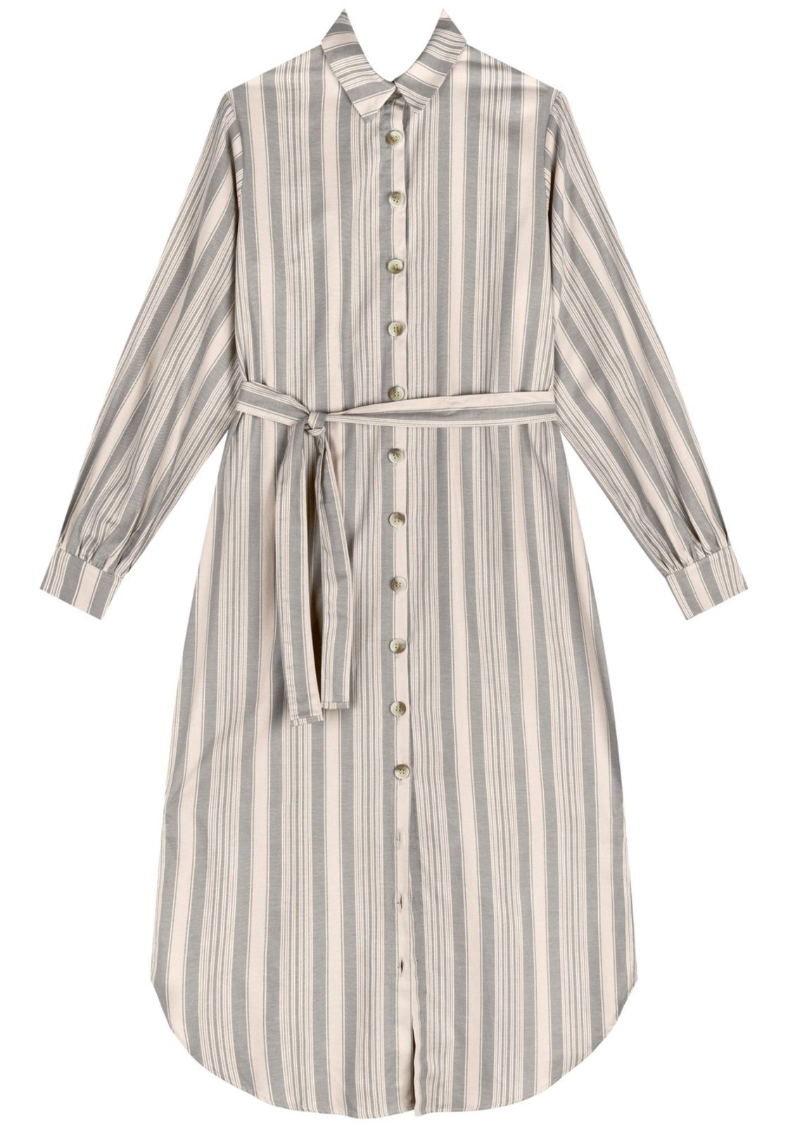 Vista 2 Vestido Listrado Midi Chá Com Botões E Faixa Ajustável Lez a Lez poás
