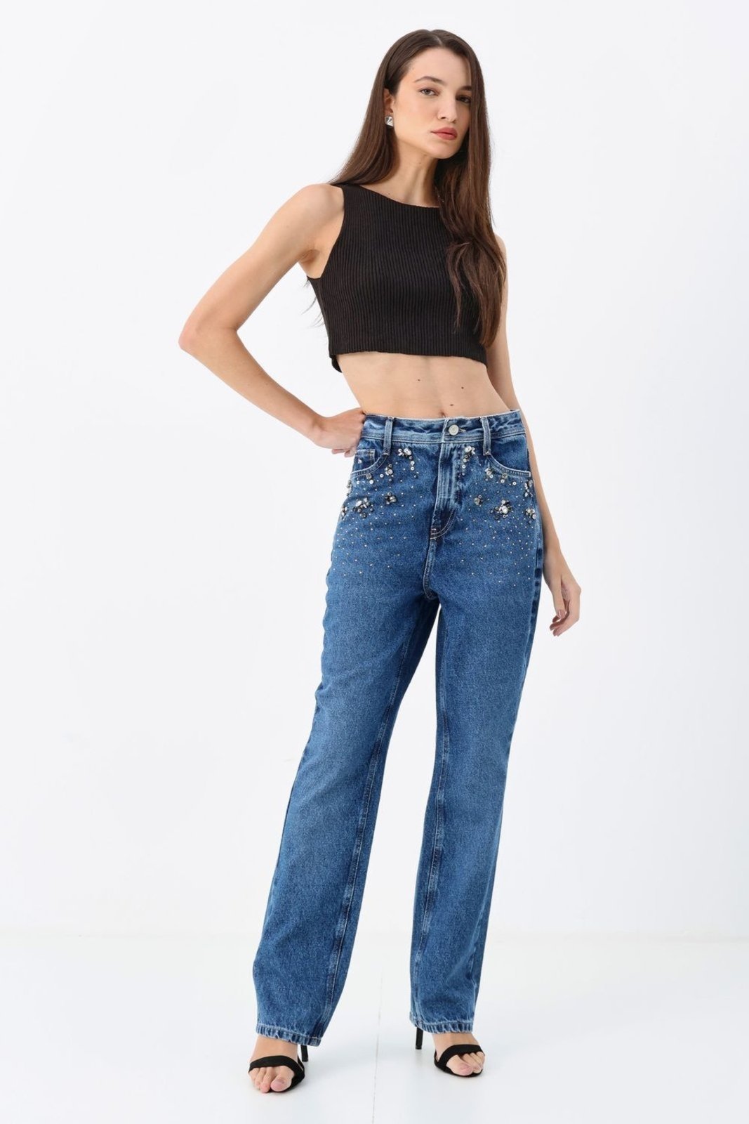 Vista 2 Calça Straight Cintura Alta Pedraria ACT FEMININO jeans ACT FEMININO jeans