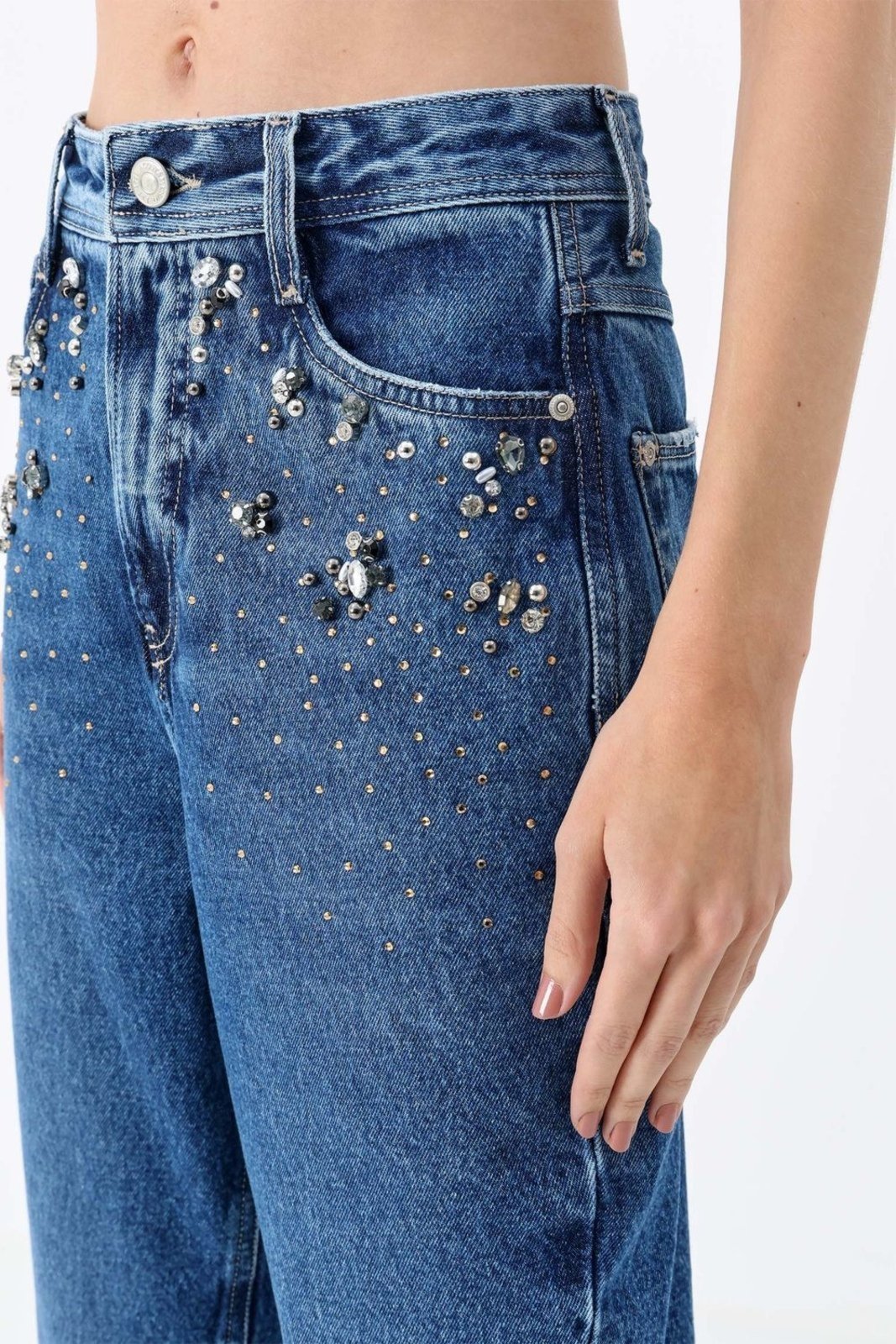 Vista 3 Calça Straight Cintura Alta Pedraria ACT FEMININO jeans ACT FEMININO jeans