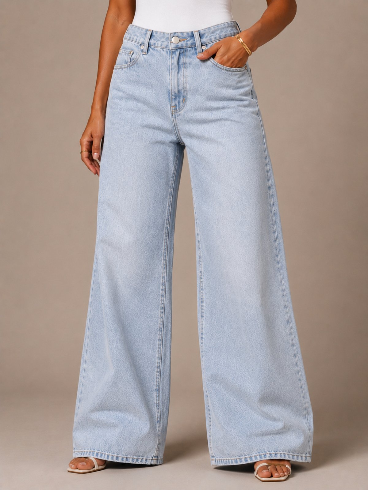 Calça Wide Leg Jeans Feminina Ethereal Delavê Modelagem Premium