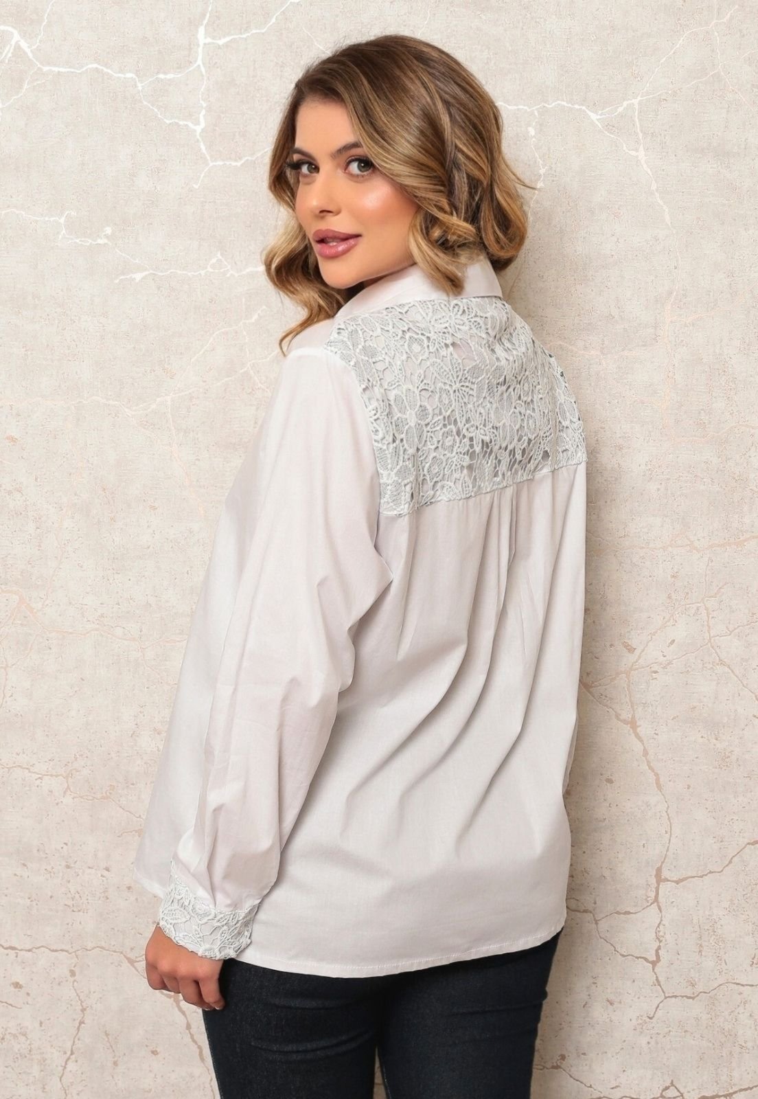 Vista 3 Camisa Manga Longa Feminina Social Detalhes em Renda Moda Casual NKTEX branco NKTEX branco