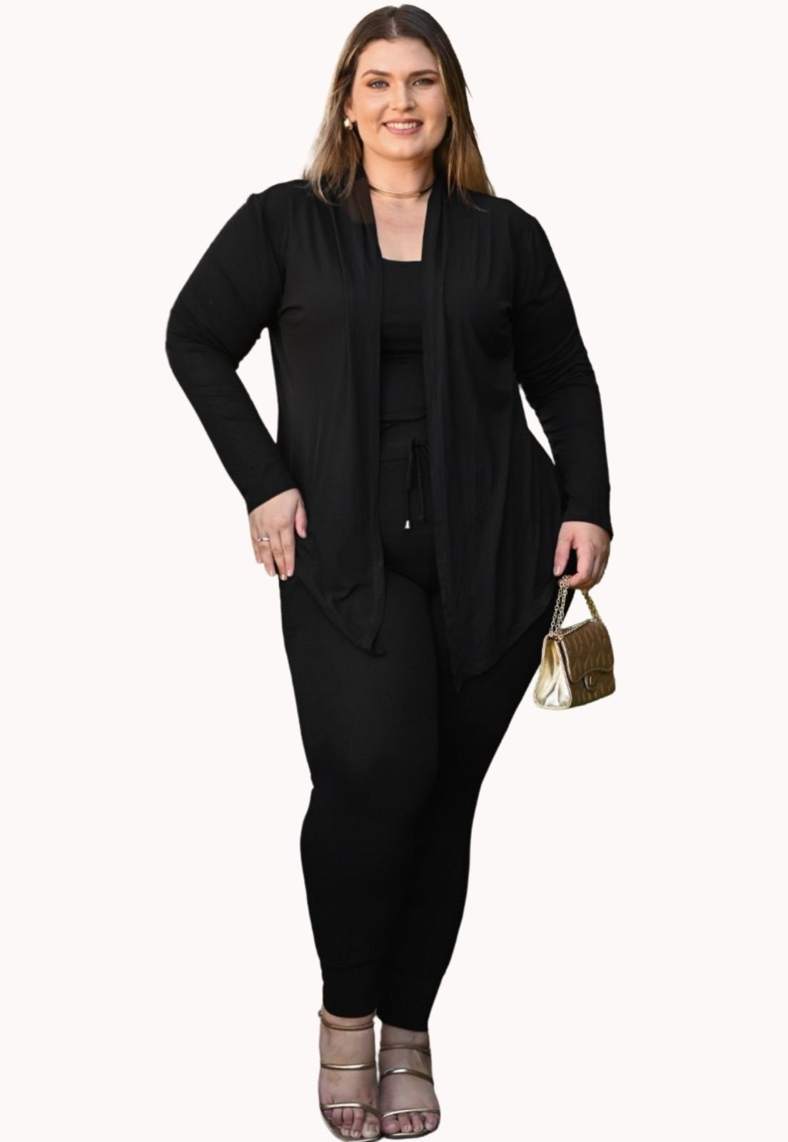 Trio Plus Size Calça Jogger Cardigan e Blusa Regata Juquitiba Brasil Preto