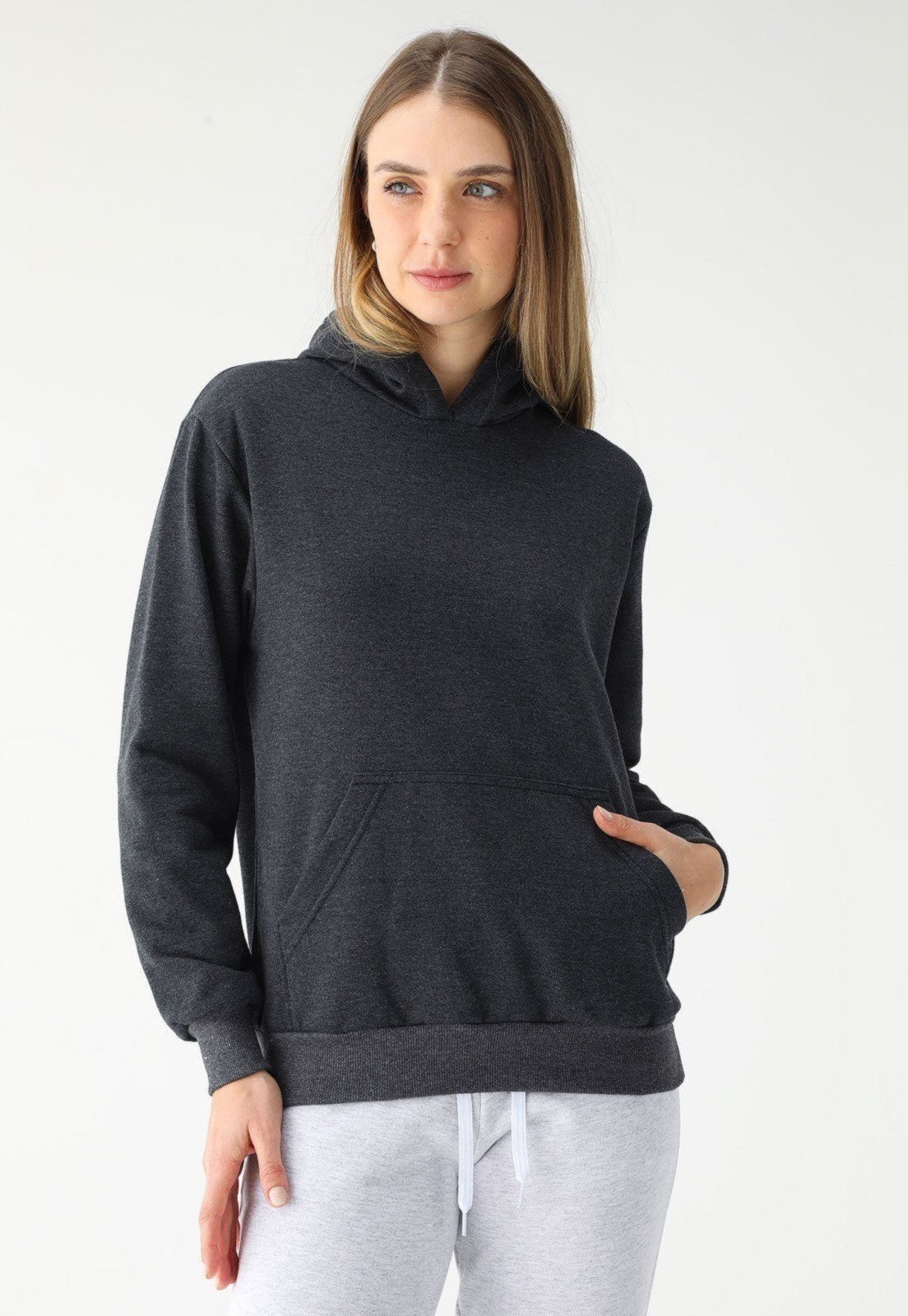 Vista 2 Blusa de Frio Moletom Feminino Flanelado Benellys Liso Canguru Chumbo grafite Benellys grafite