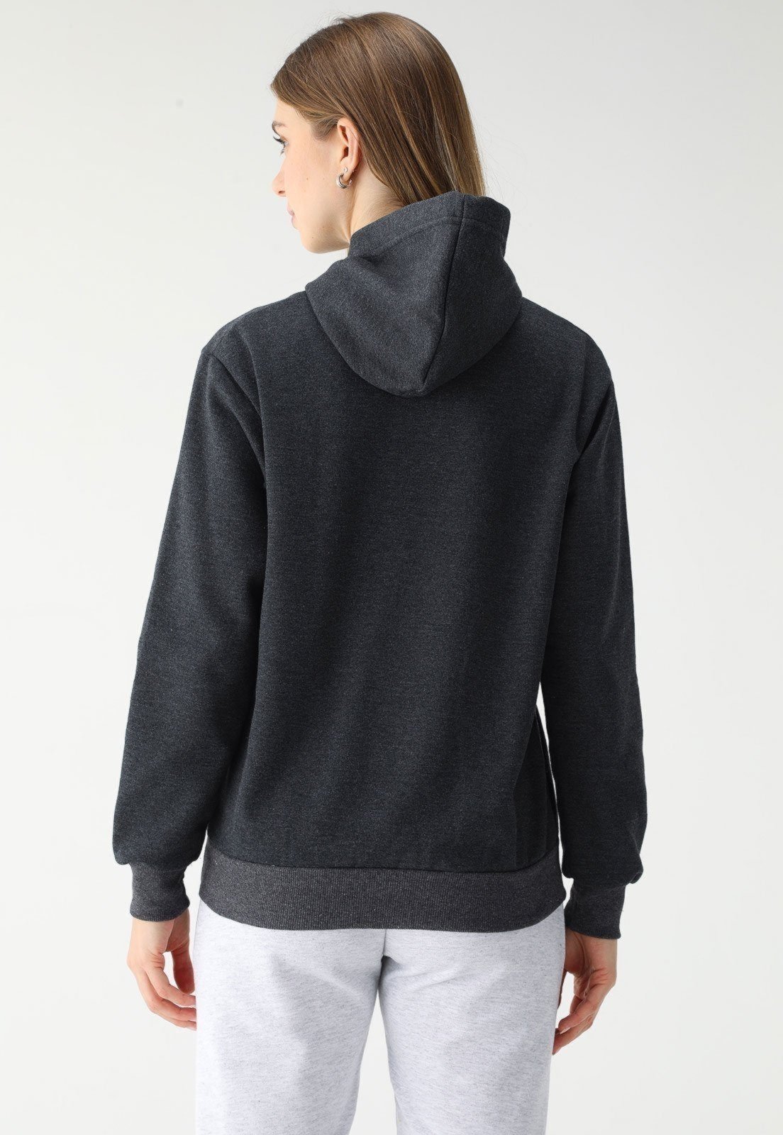 Vista 3 Blusa de Frio Moletom Feminino Flanelado Benellys Liso Canguru Chumbo grafite Benellys grafite