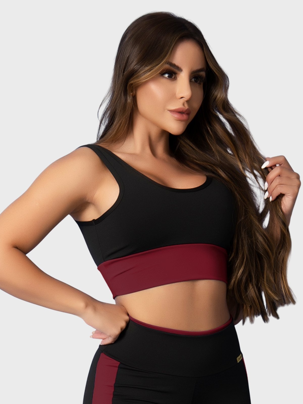 Top Fitness Tarelles Alça Larga Forrado Preto e Bordô