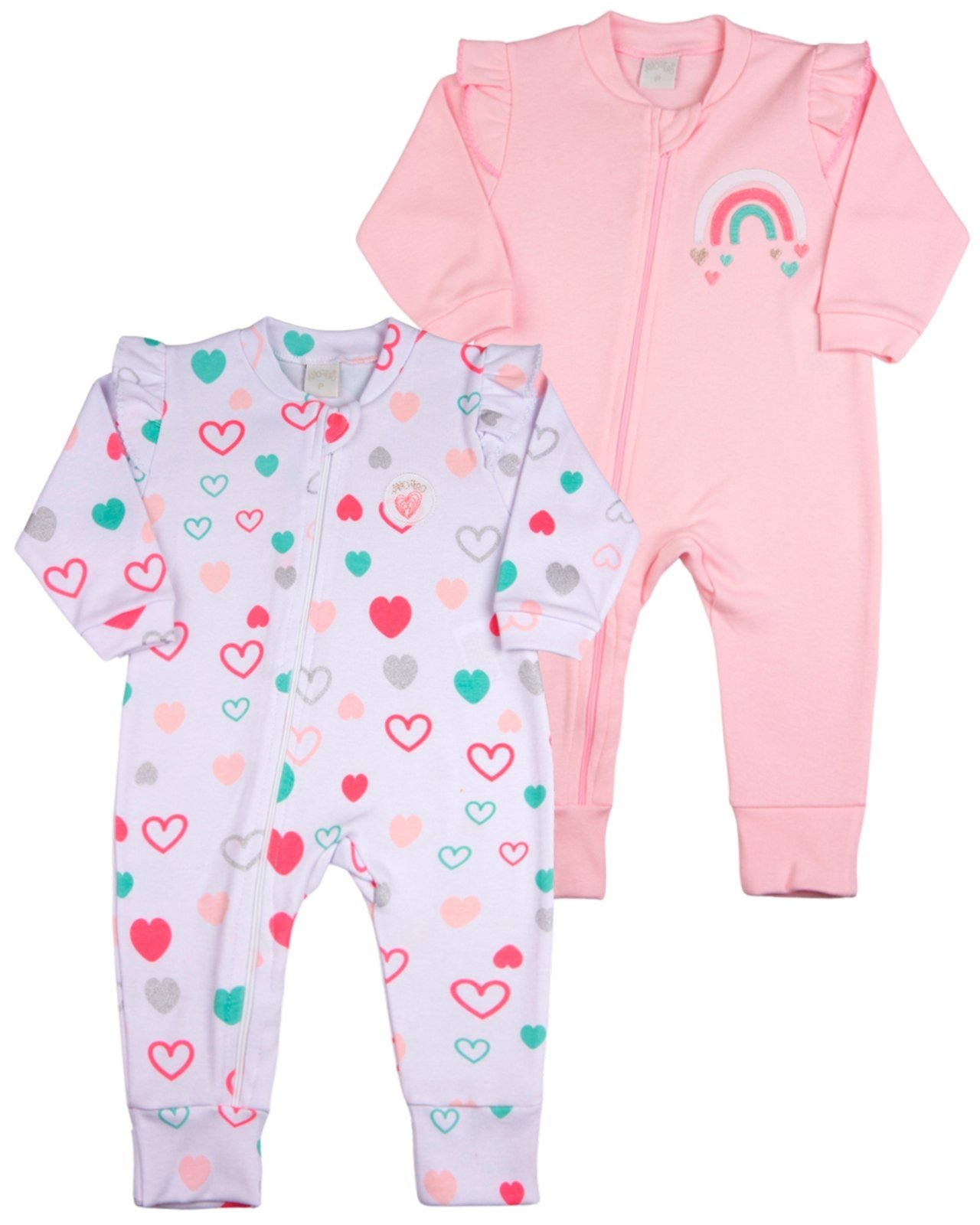 Infantil - Macacao Menina Suedine Fio 40 Algodao Ziper Estampado e Liso Kit Coracoes 2 Pecas - Rosa