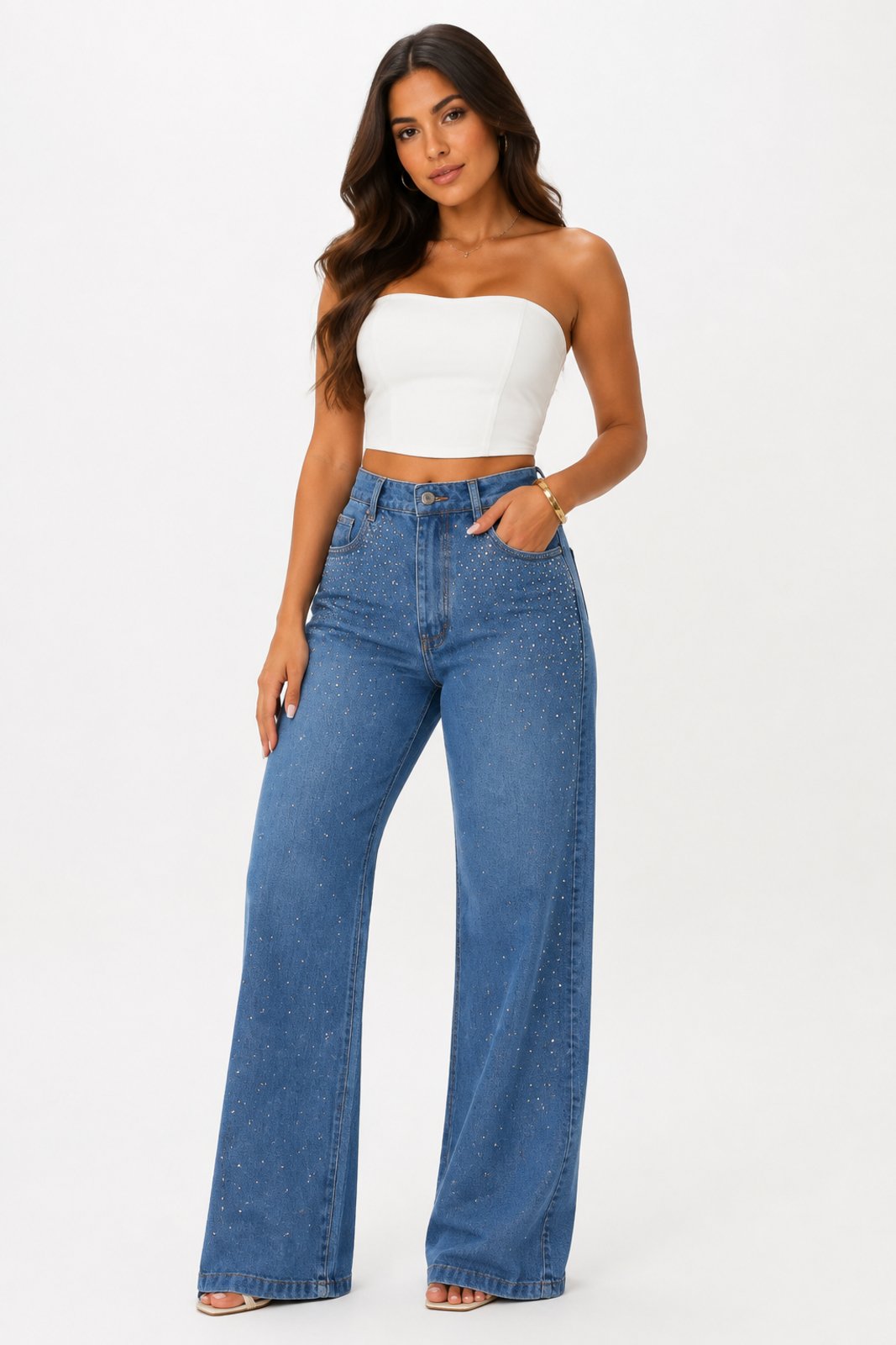 Calça Jeans D Bell Outlet Fashion Wide Leg Strass Azul