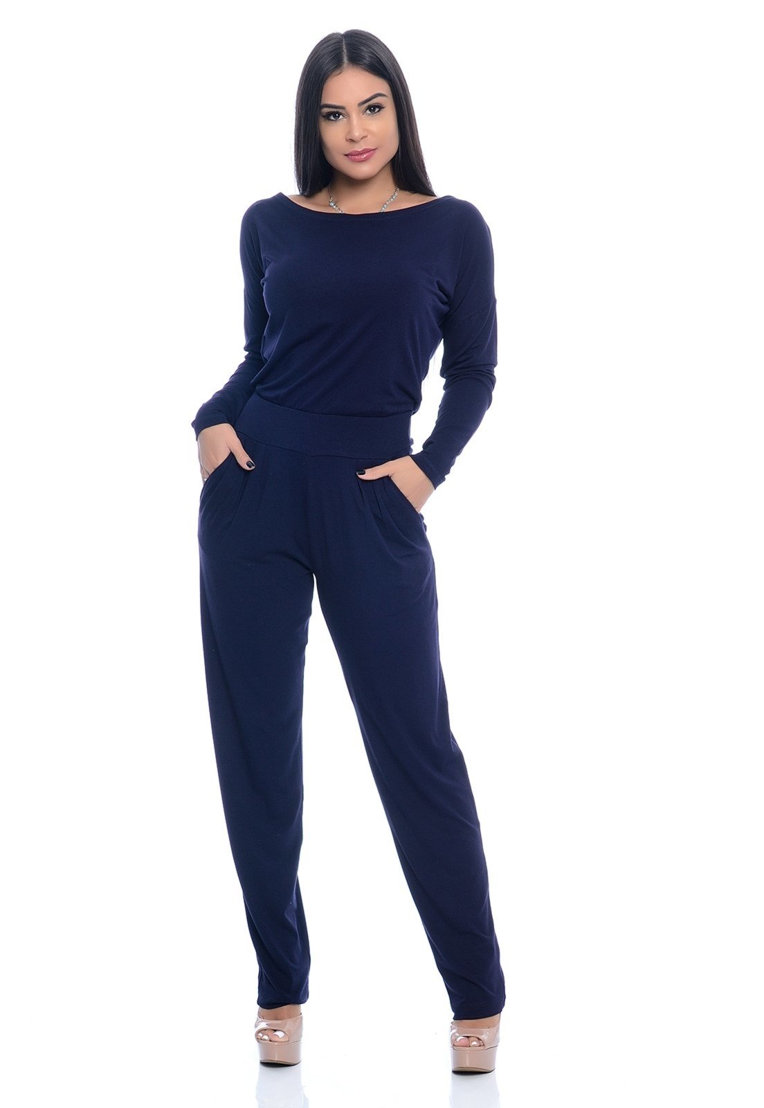 Macacão M/L Decote Canoa B’Bonnie Maitê Azul Marinho