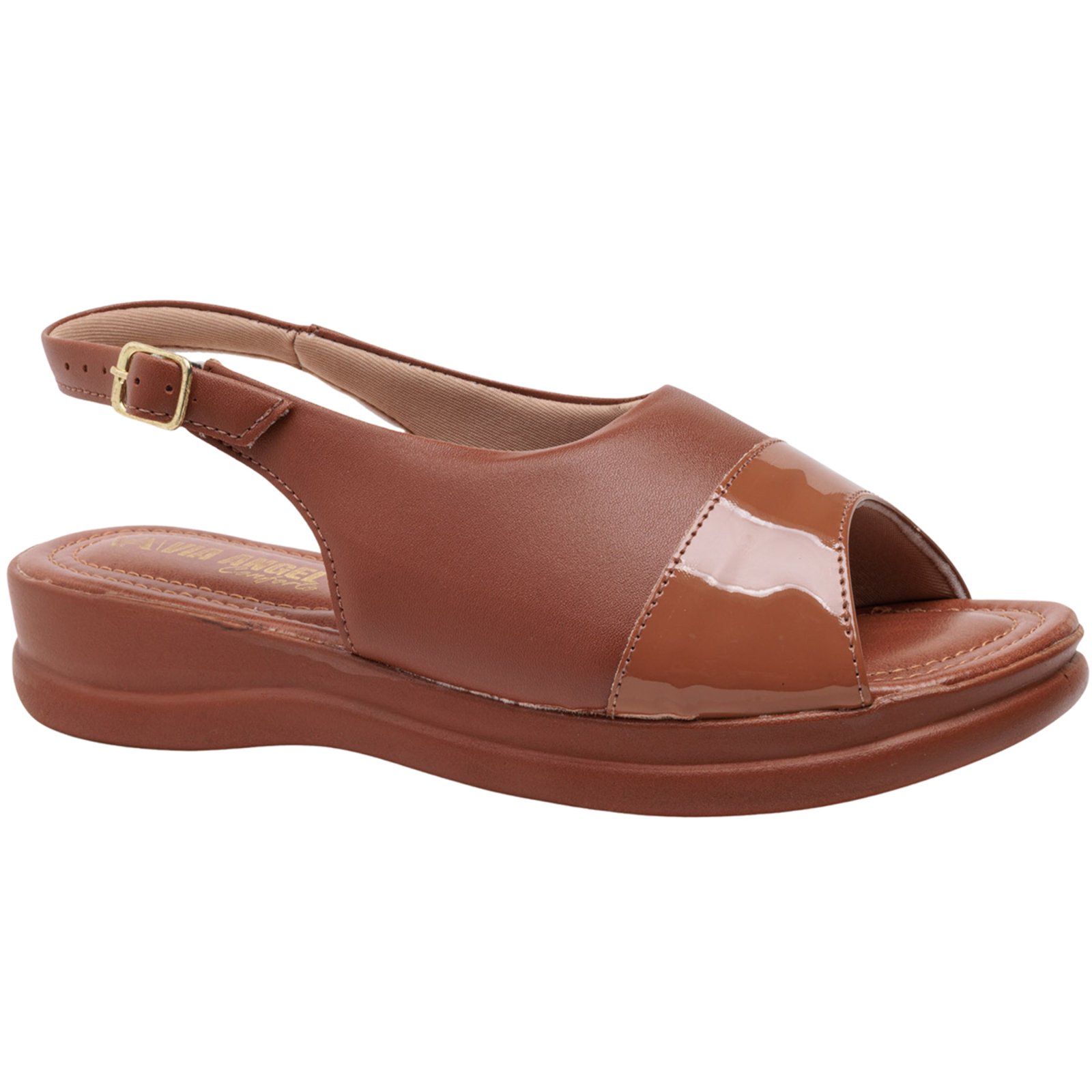 Sandália Feminina Ortopédica Via Angel Casual Leve Com Verniz Confortável 9602 Caramelo