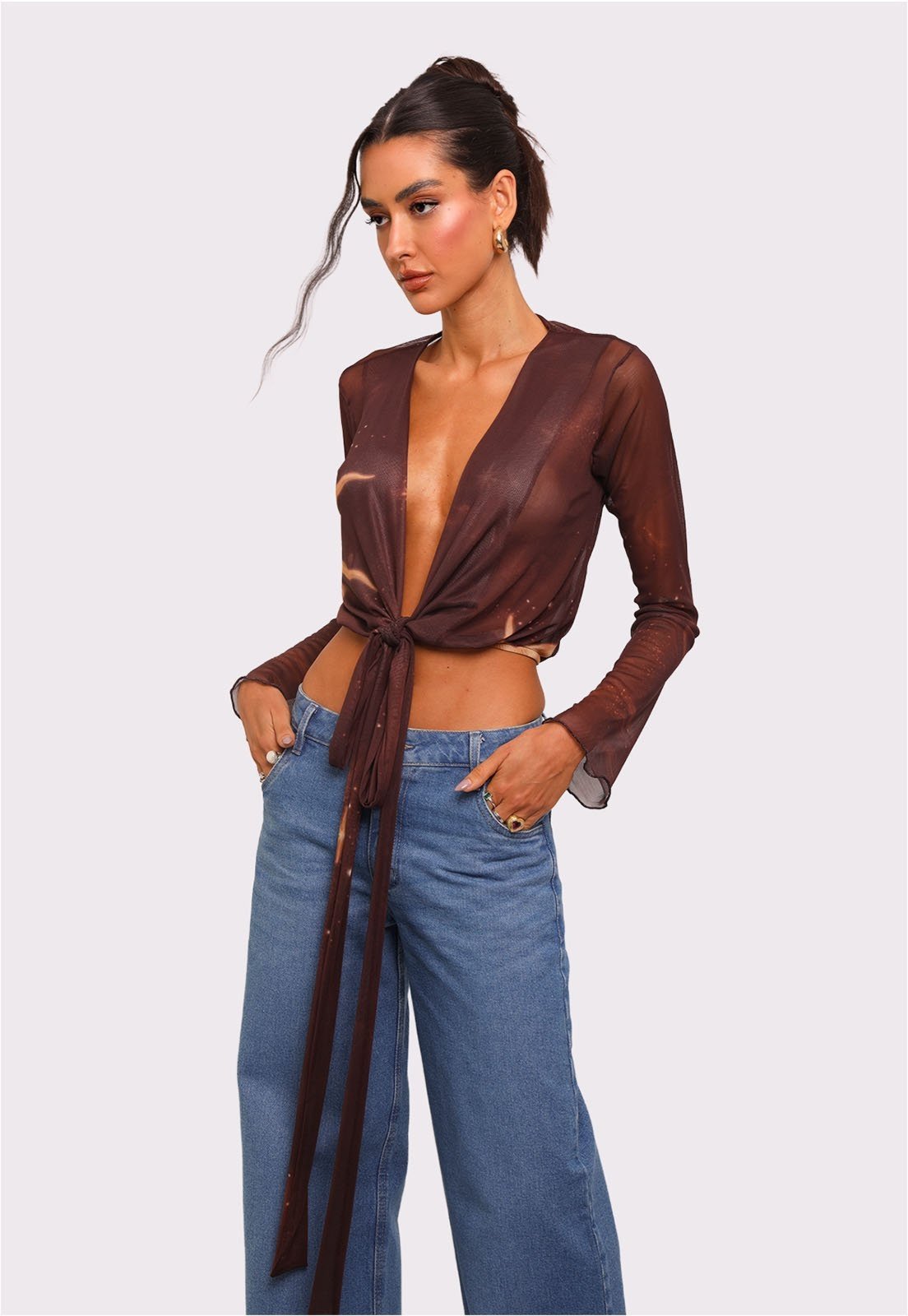 blusa em tule casa del sol Preto Estampado