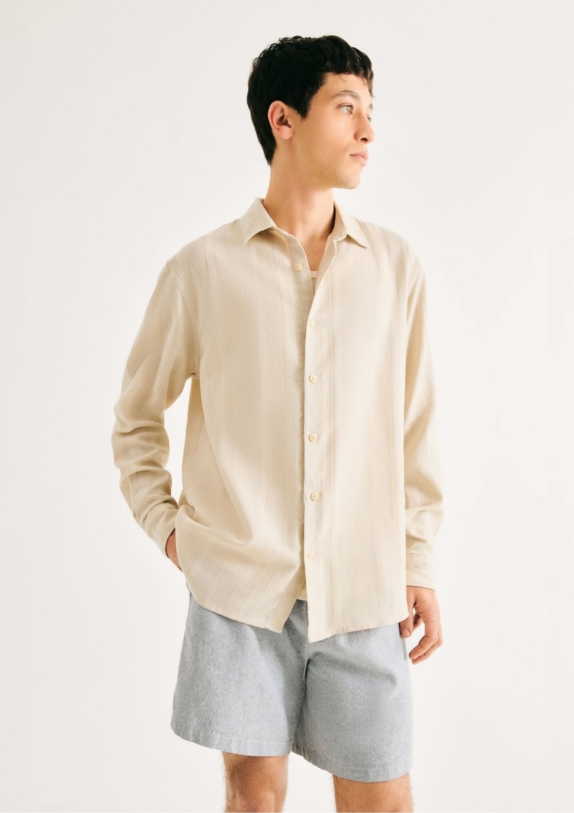 Vista 2 Camisa Masculina Fio Tinto Listrada Hering bege Hering bege