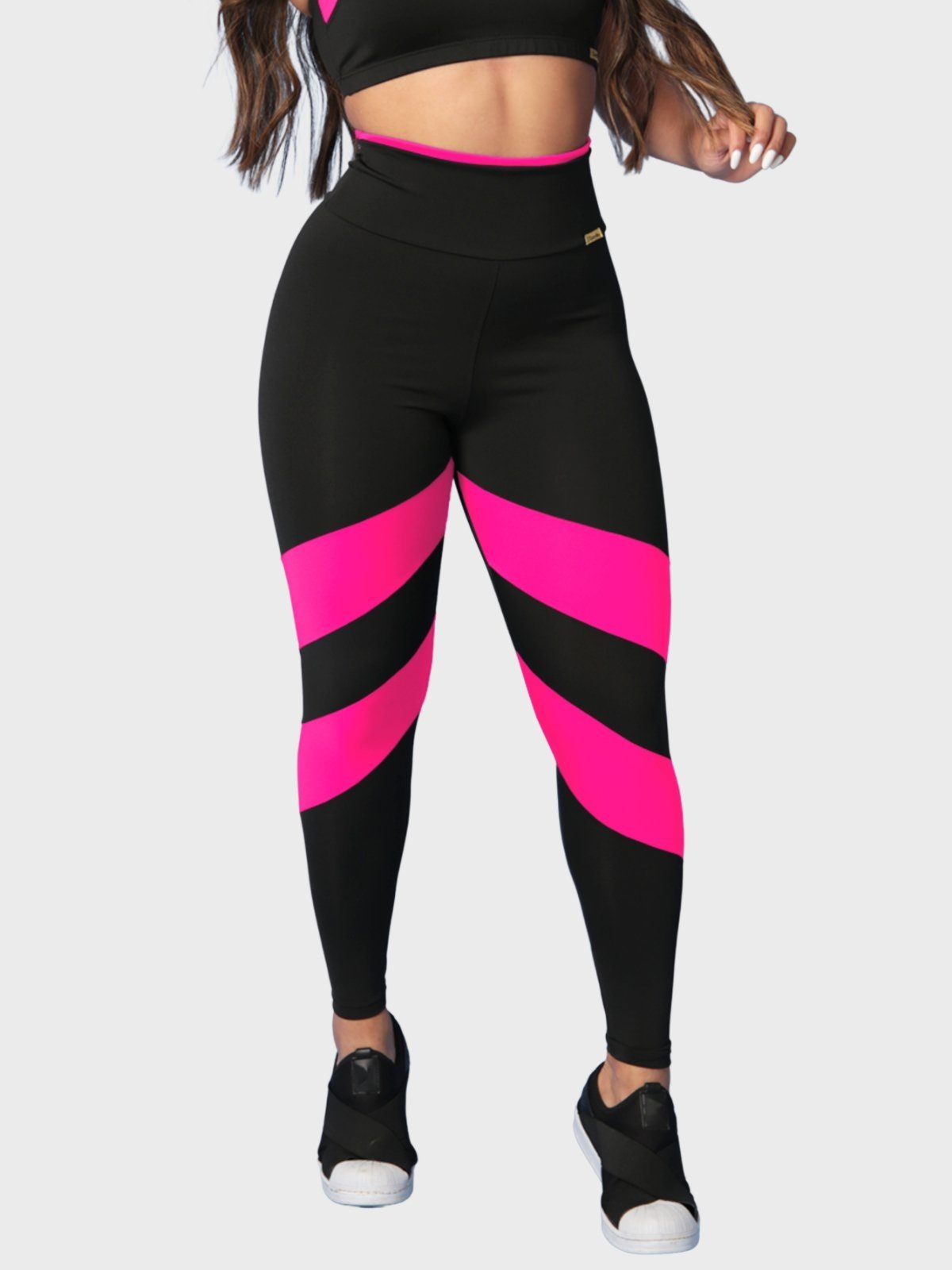 Calça Legging Fitness Tarelles Cintura Alta Preto e Rosa Neon