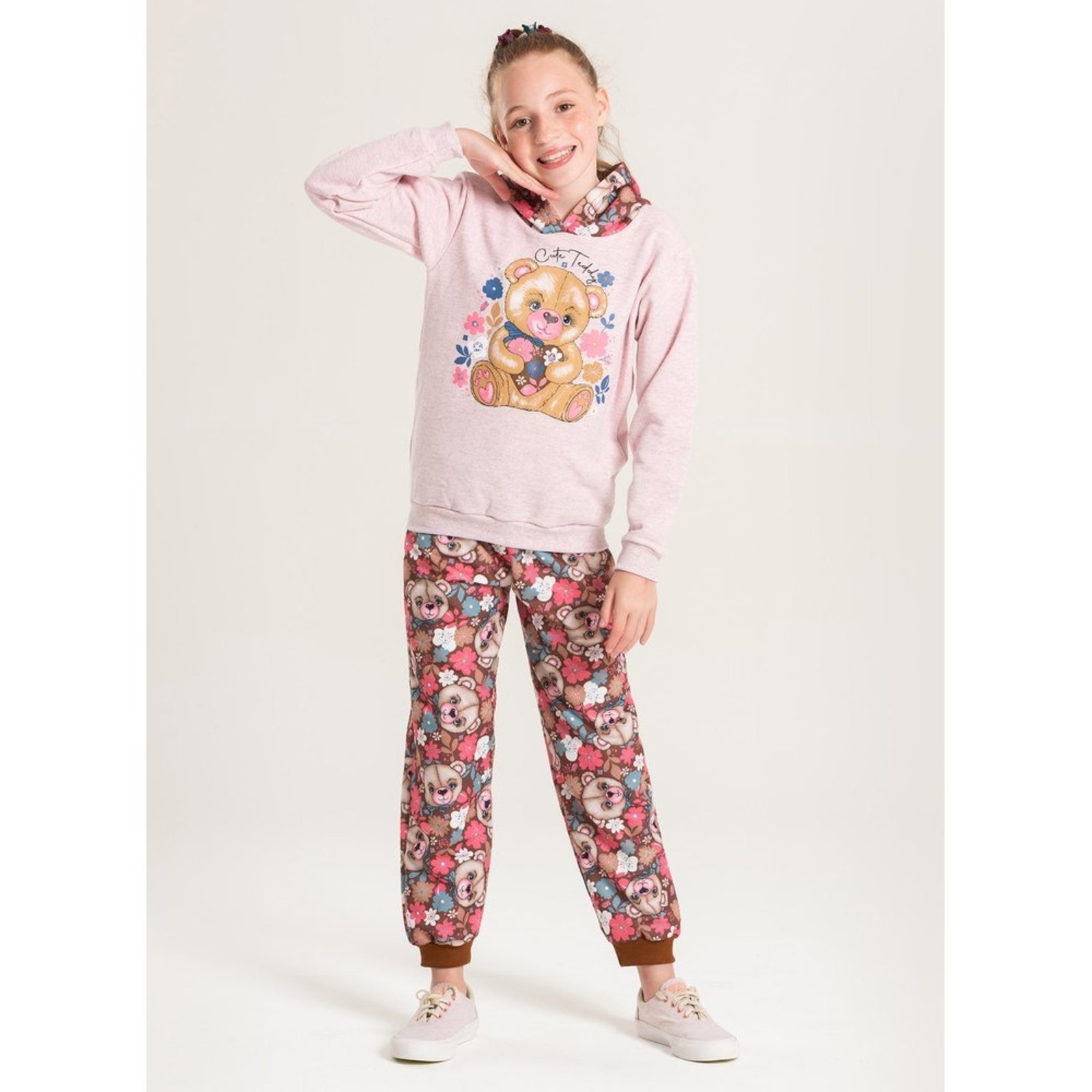 Infantil – Conjunto Inverno Menina Rosa Blusão Com Capuz e Calça em Moletom Ursinho Florido