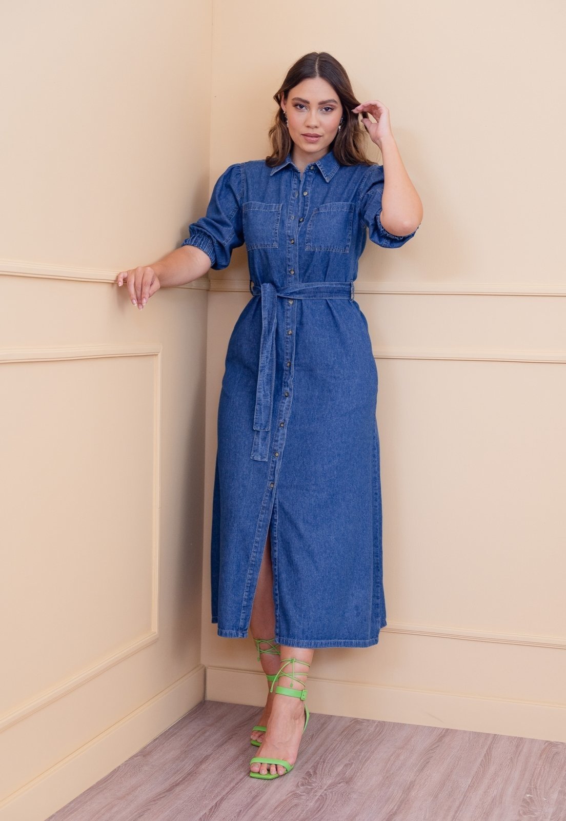 Vestido Chemise Longa Sisal Jeans Chemise com Bolsos Azul