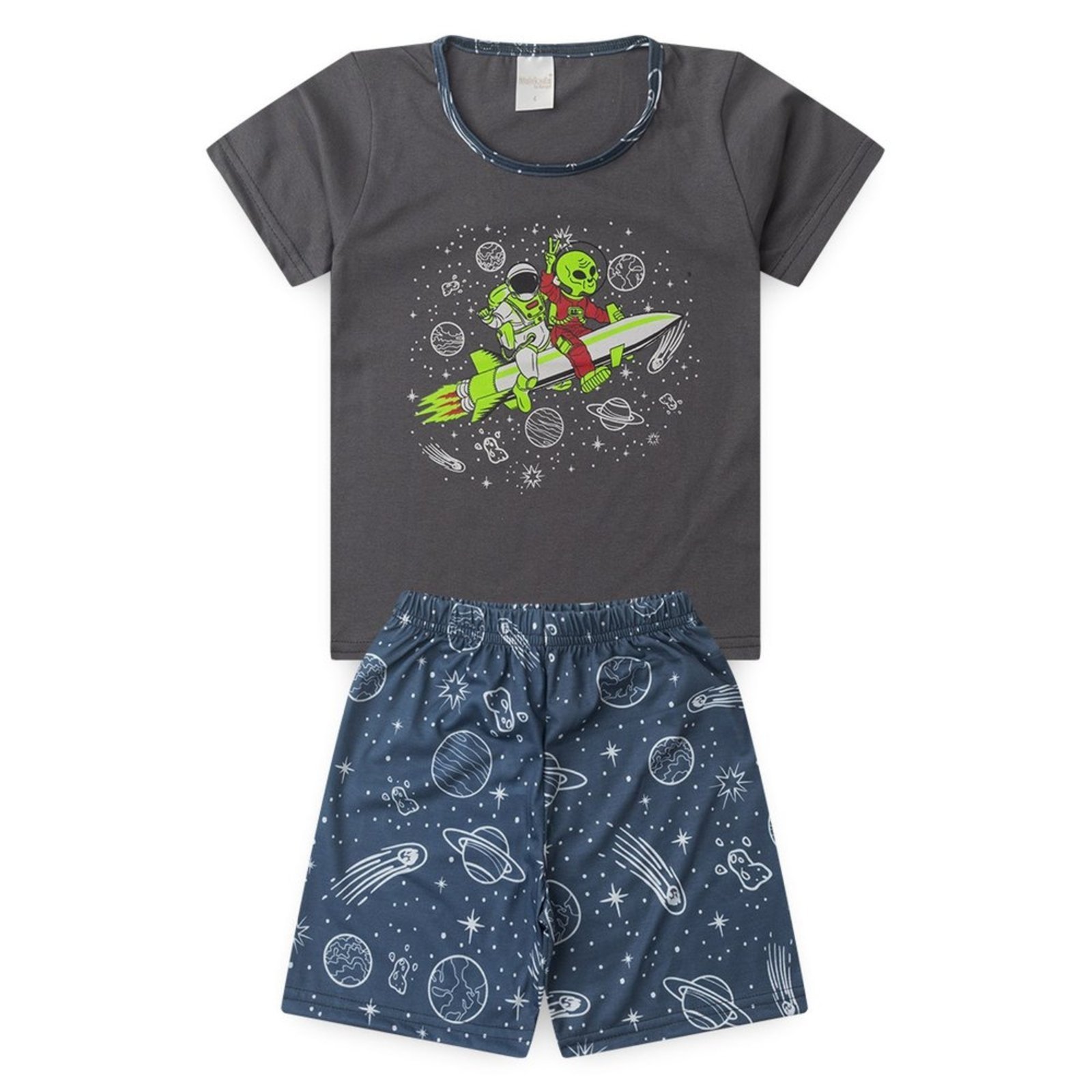Vista 3 Pijama Verão Menino Camiseta Brilha no Escuro e Bermuda Viagem ao Espaço Molekada cinza Molekada cinza