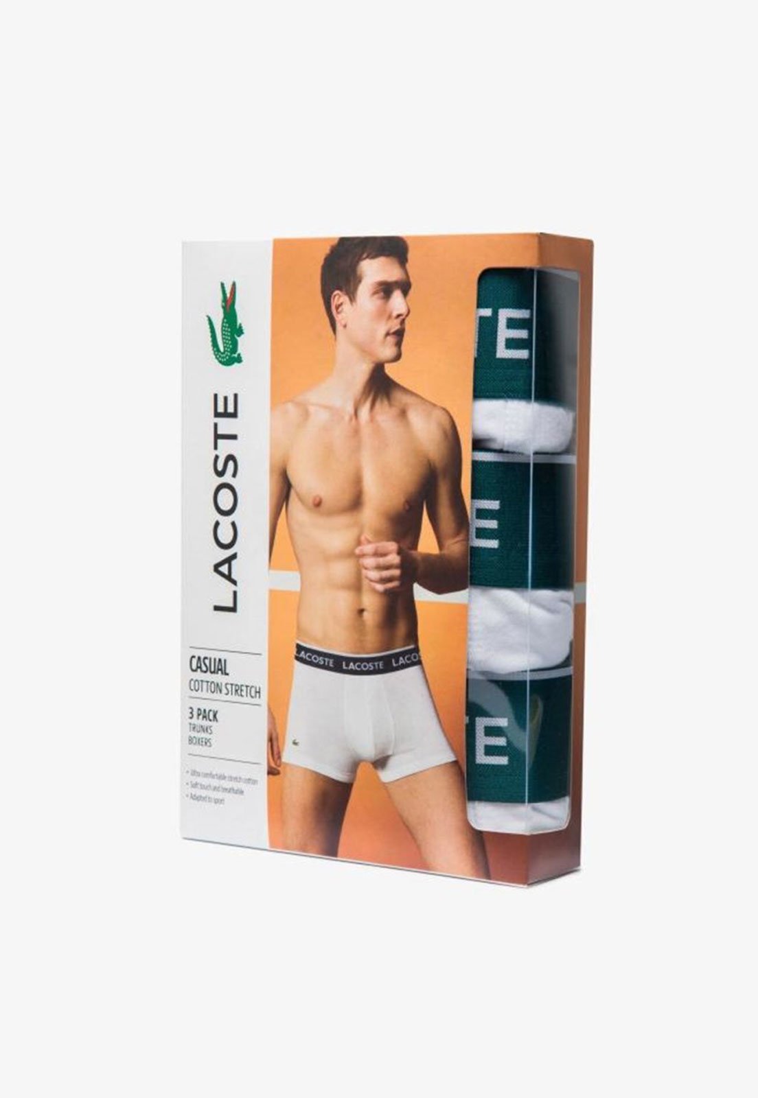 Vista 3 Pack de três boxers masculinas em algodão com stretch e cós assinado Lacoste branco Lacoste branco