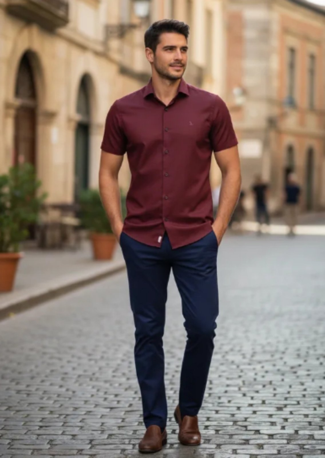 Camisa Social Amil Slim Liga Algodão Manga Curta Luxo Lançamento Vinho