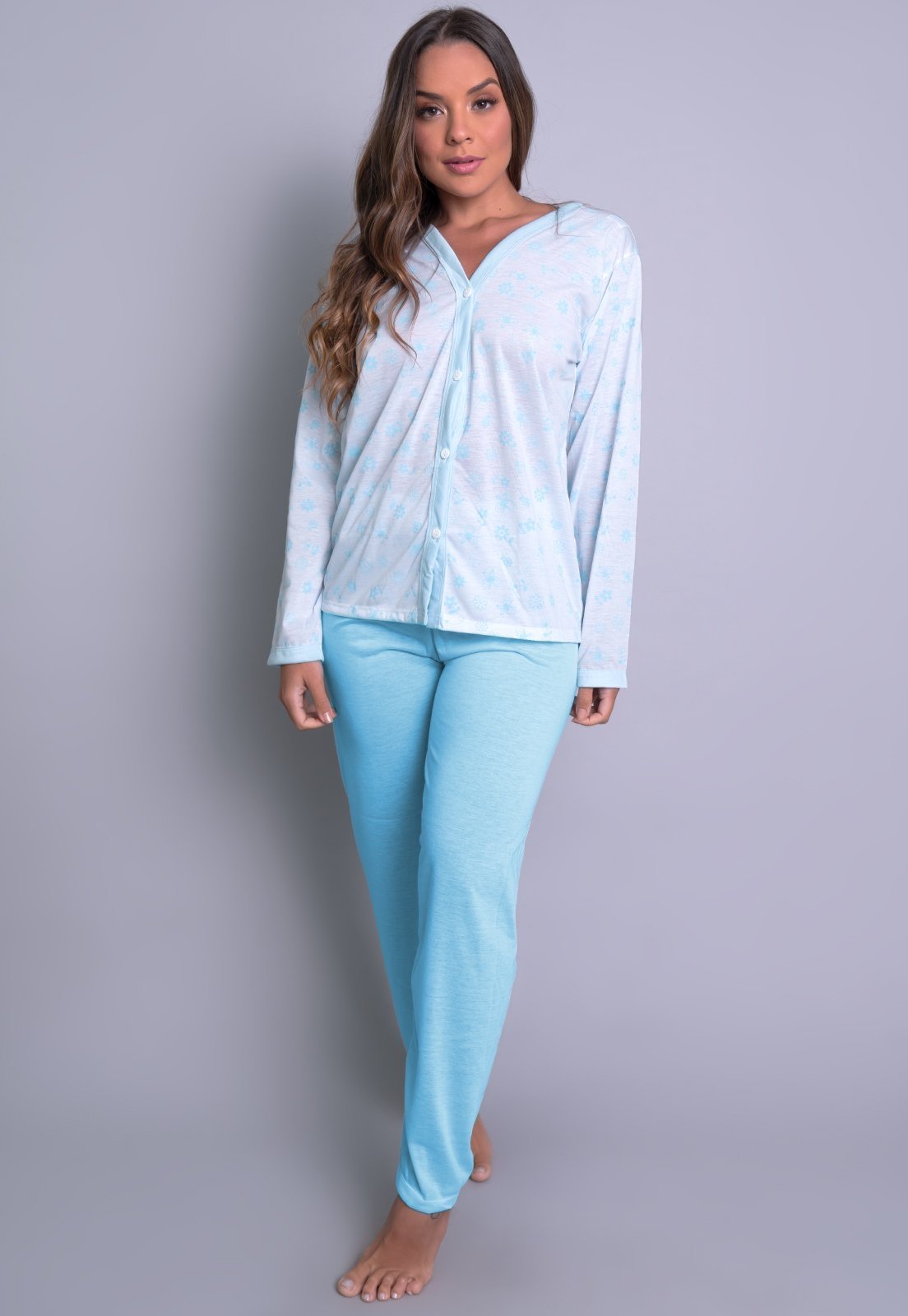 Pijama Longo MVB Modas Aberto Blusa Com Botões E Calça Adulto Azul