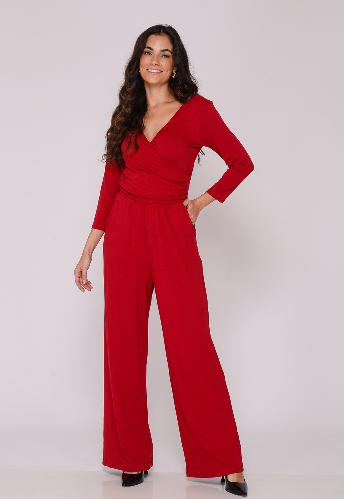 Macacão Pantalona Decote Transpassado B’Bonnie Florence Vermelho