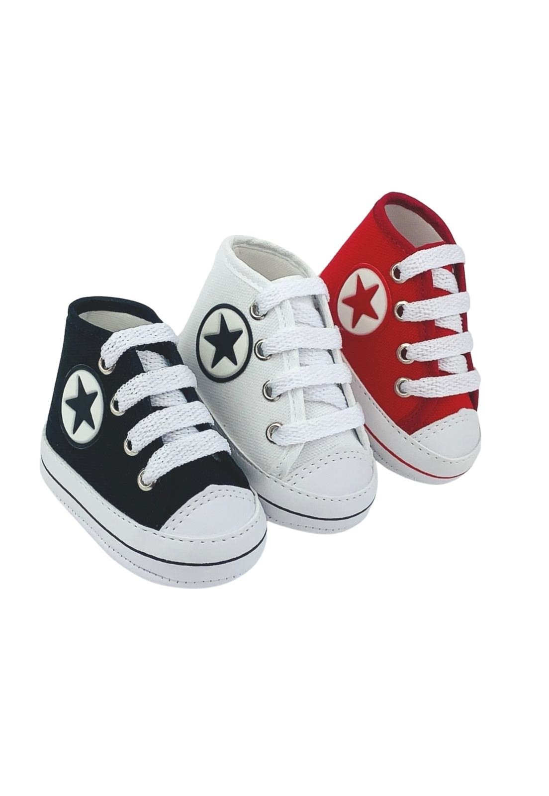 Infantil – Kit Com 3 Pares Tênis Sapatinho De Cano Alto Direto Da Fábrica Branco e Preto e Vermelho