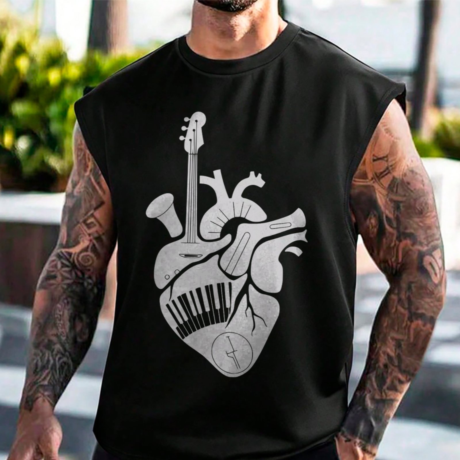 Camiseta Regata Machão Music Heart Guitar Piano Sax Street Preto
