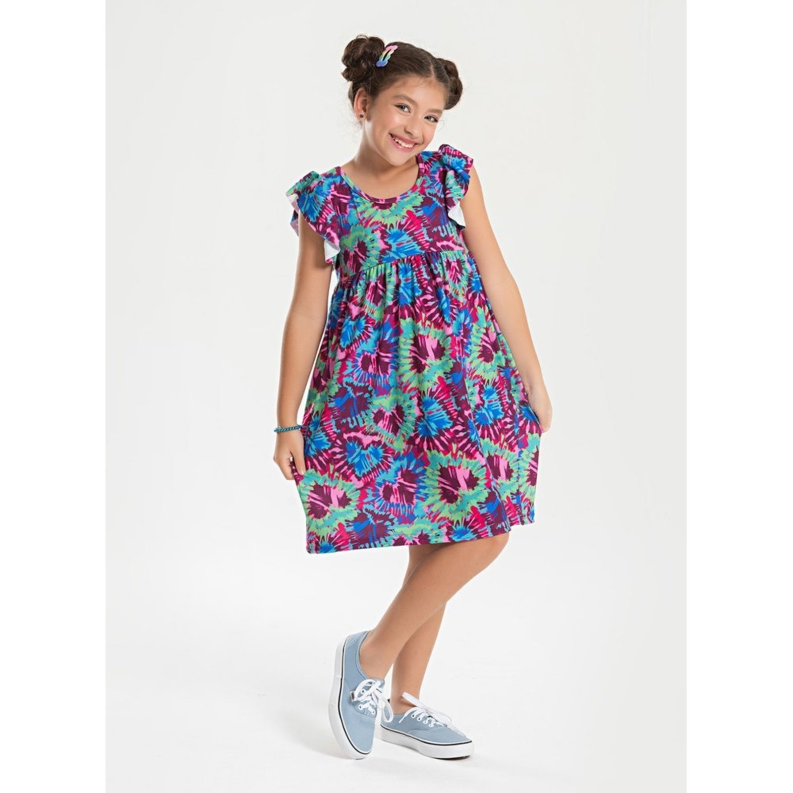 Infantil – Vestido Verão Menina Pink com Manga Babado Corações tie-dye