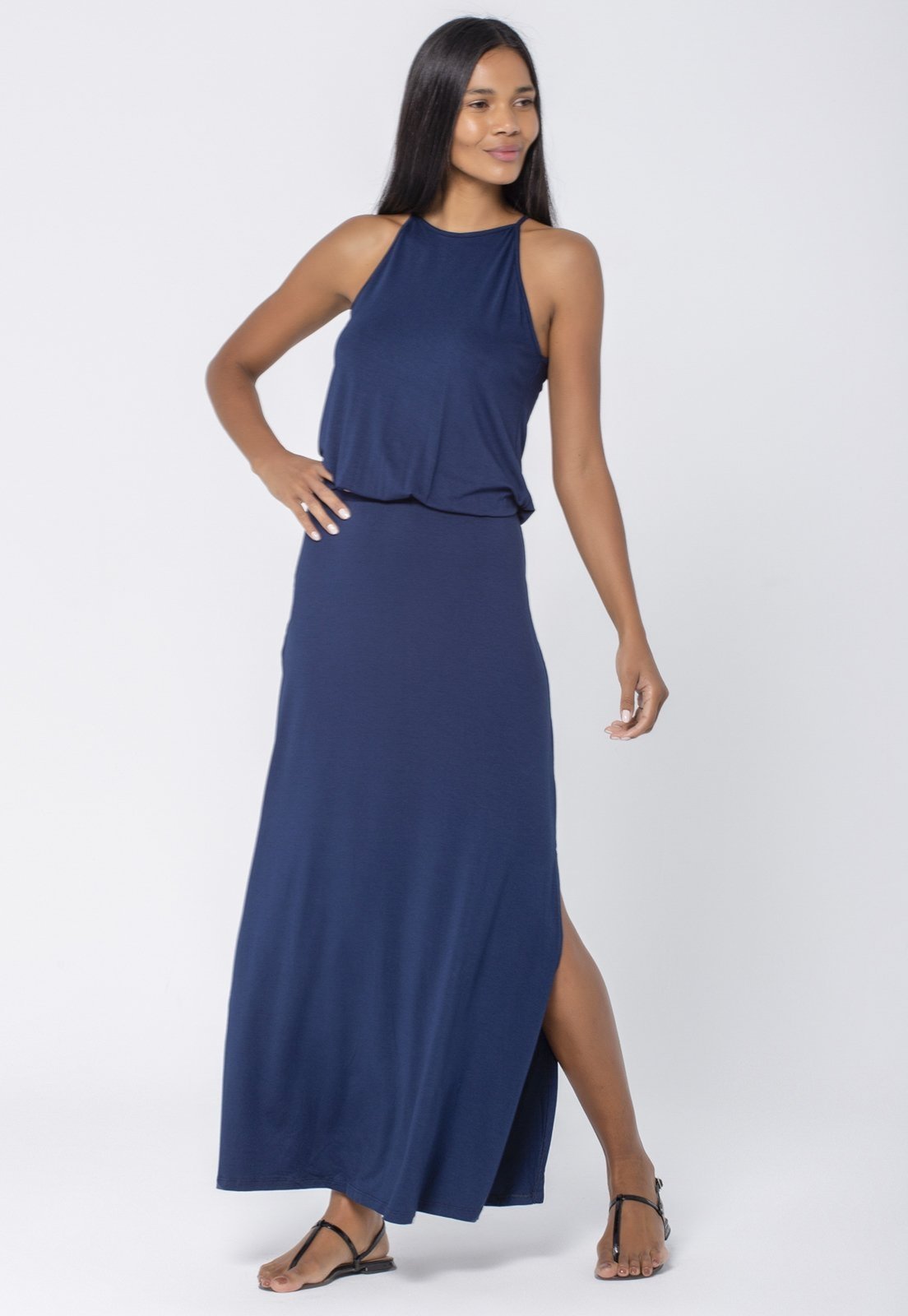 Vestido Longo Malha Trapézio com Elástico na Cintura Azul Marinho