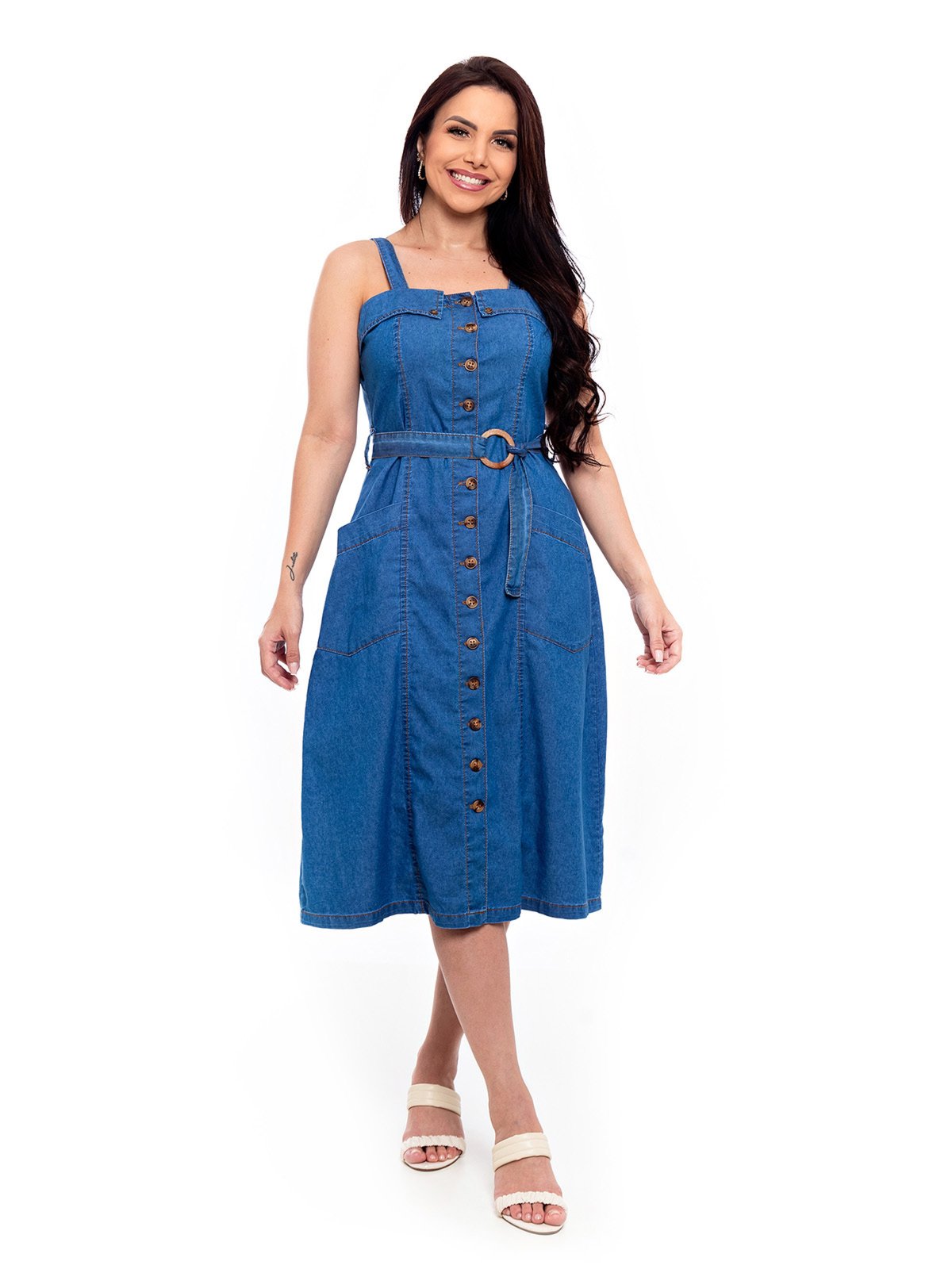 Vestido Midi Restrito Jeans com Cinto Social – AZUL MÉDIO