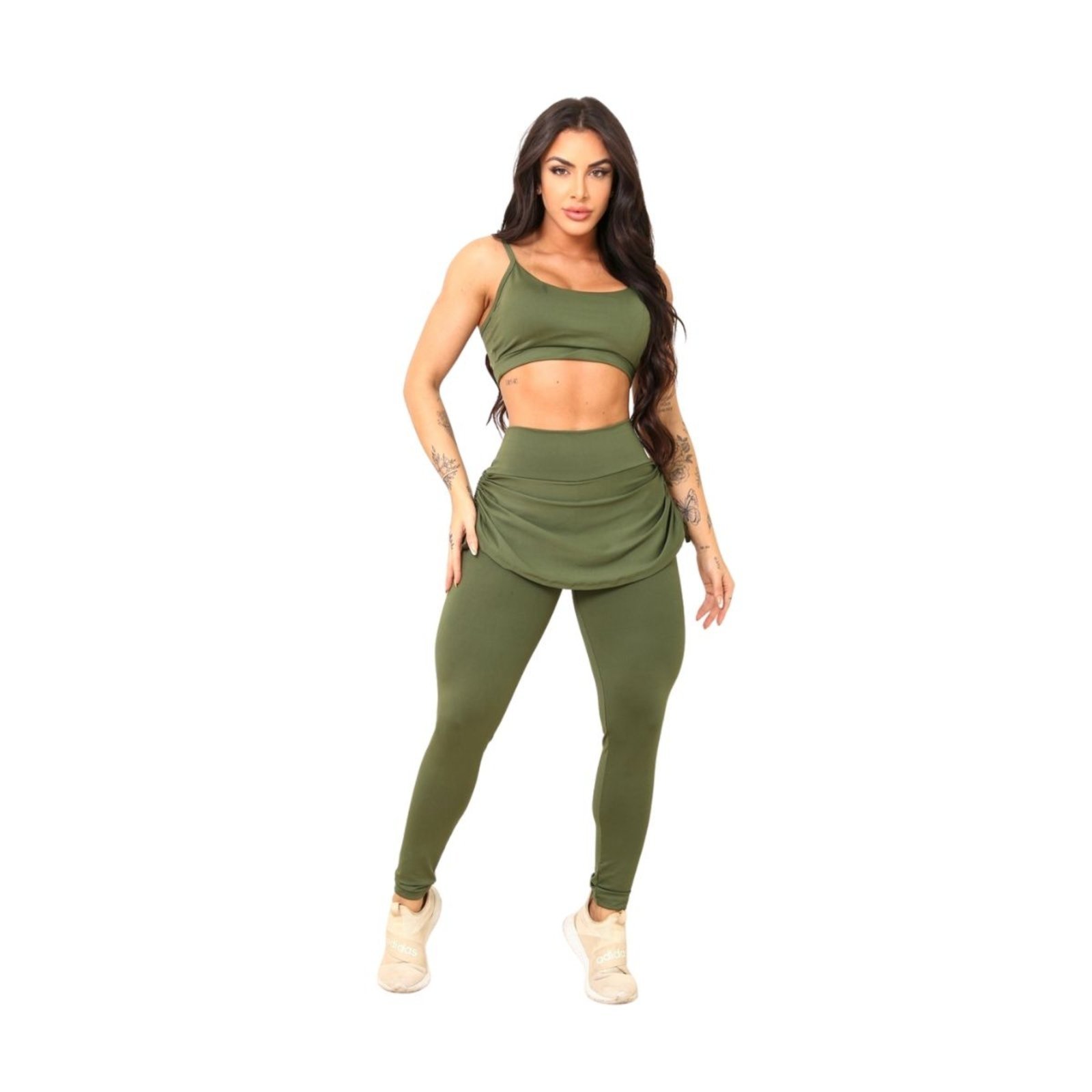 Conjunto Feminino Vih Triny Top e Legging Saia Repuxada Moda Fitness Preto Yoga, Pilates e Hyrox