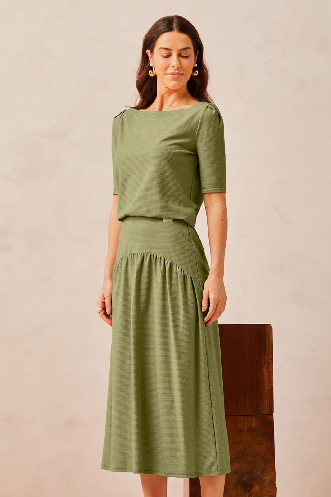 Saia Midi Feminina Comfy Franzida Marialícia Verde