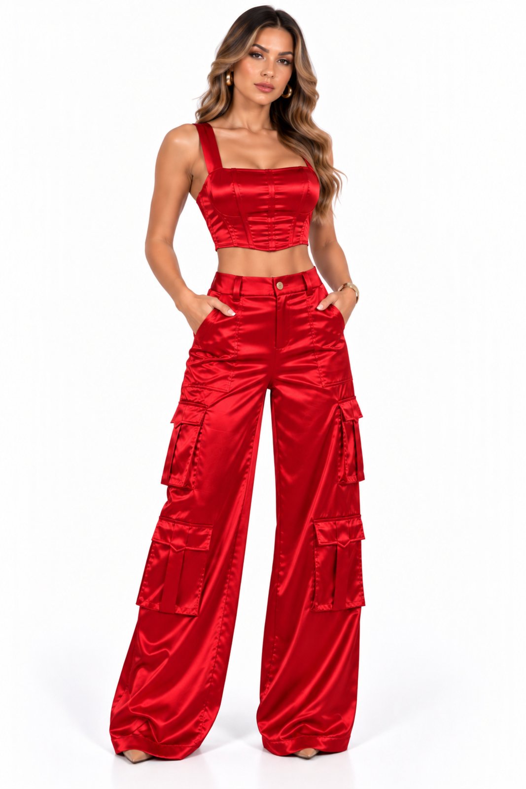Conjunto Acetinado D Bell Outlet Fashion Wide Leg Vermelho