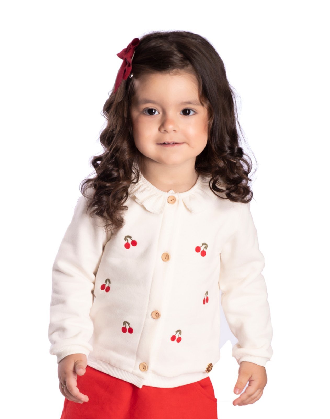 Infantil - Casaco off-white cerejas bordadas babadinho na gola