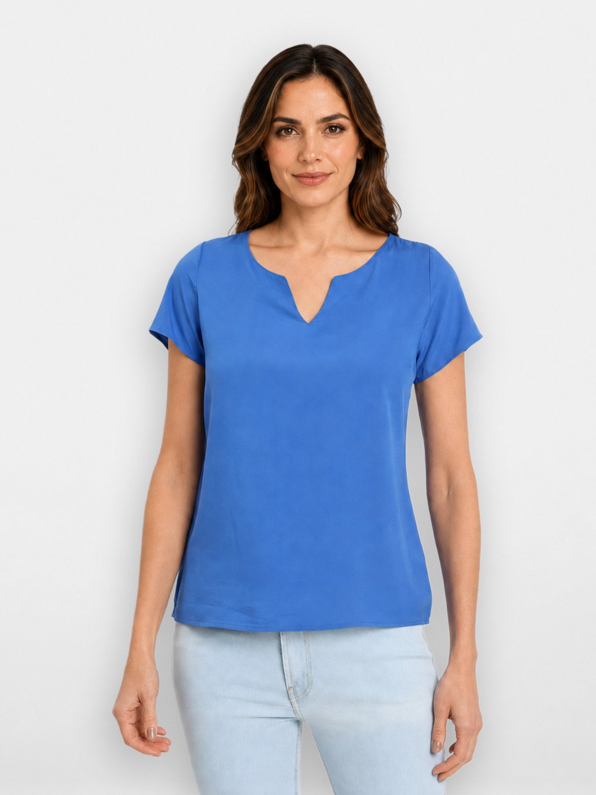 Blusa Feminina Pompier Viscose Manga Curta Decote V Azul